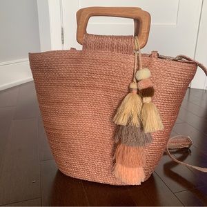NEW Blush Pink Raffia Basket Crossbody Tote with Colourful Tassel decoration